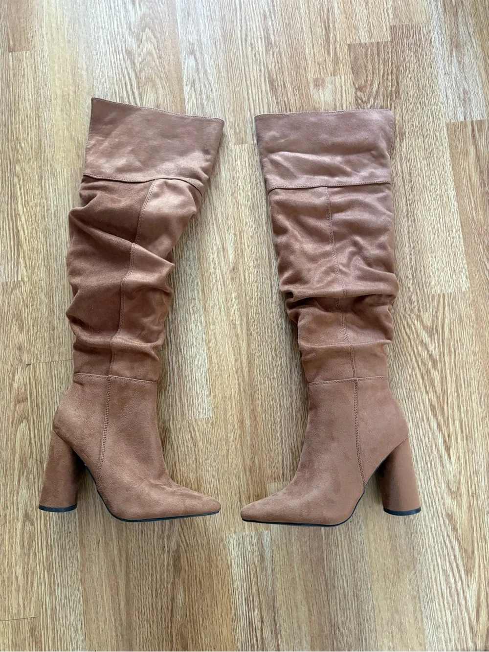 Camel Slouchy Over The Knee Boots Size 7 | Suede Block Heel Tall Boots